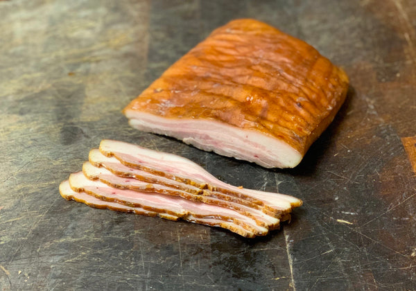 Pastured pork bacon: chemical nitrite-free, hot smoked