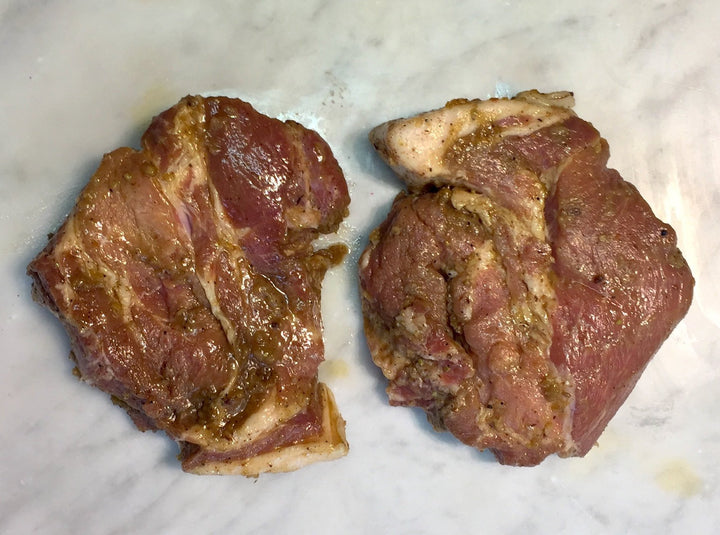 Organic Pastured pork scotch steak honey and 5 spice