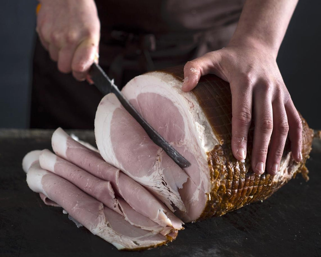Pastured pork leg ham: sliced