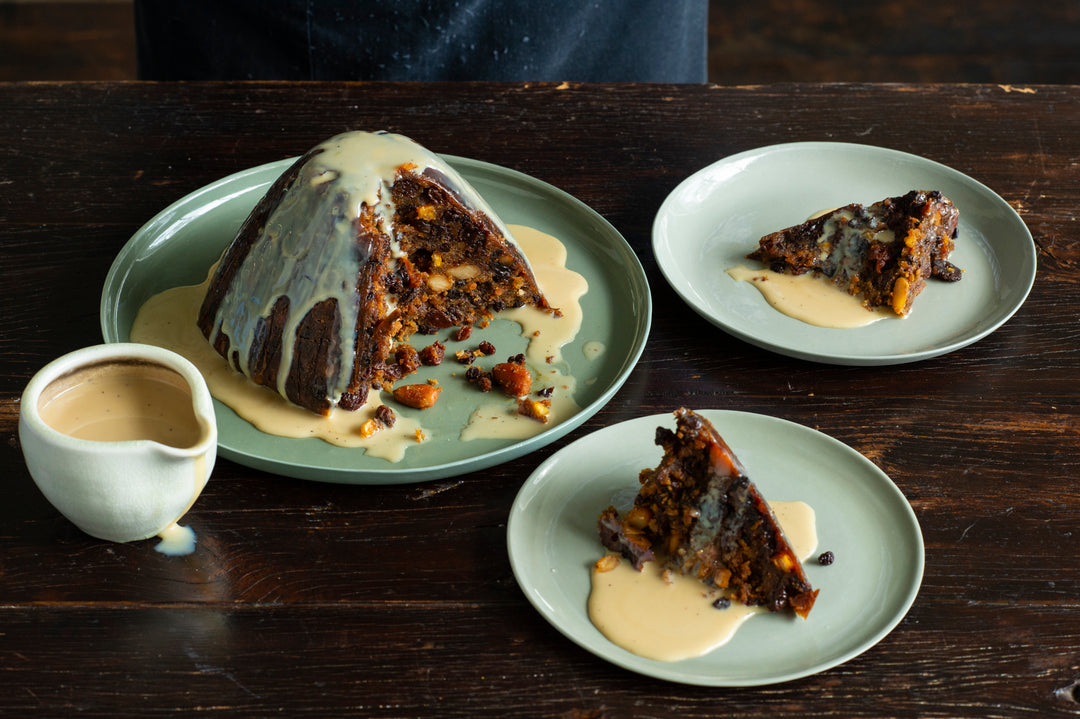 Christmas pudding with buffalo milk Lemon Myrtle Anglaise