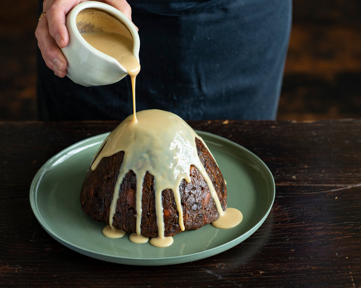 Christmas pudding with buffalo milk Lemon Myrtle Anglaise